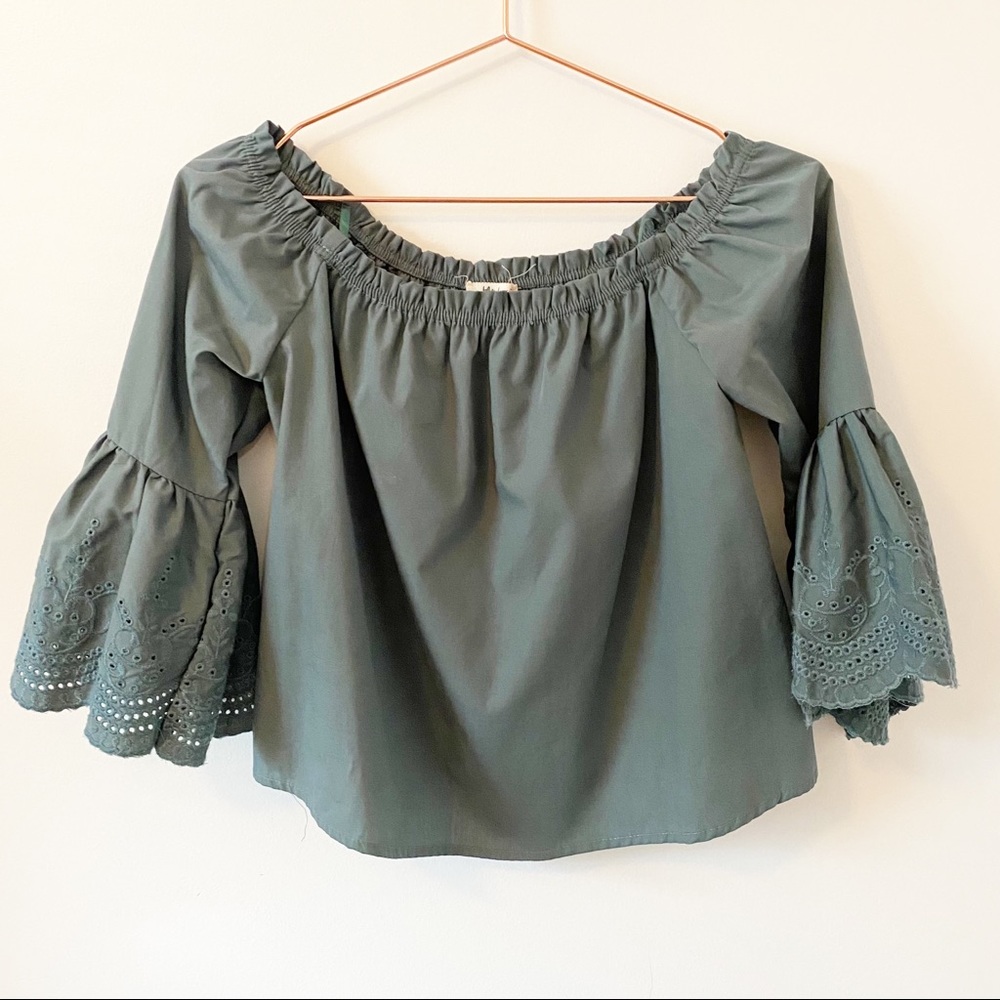 Green Off the Shoulder with Lace Bell Sleeves